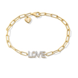 1/4 CT. T.W. Diamond “LOVE” Paper Clip Chain Bracelet in Sterling Silver with 10K Gold Plate - 7.5"