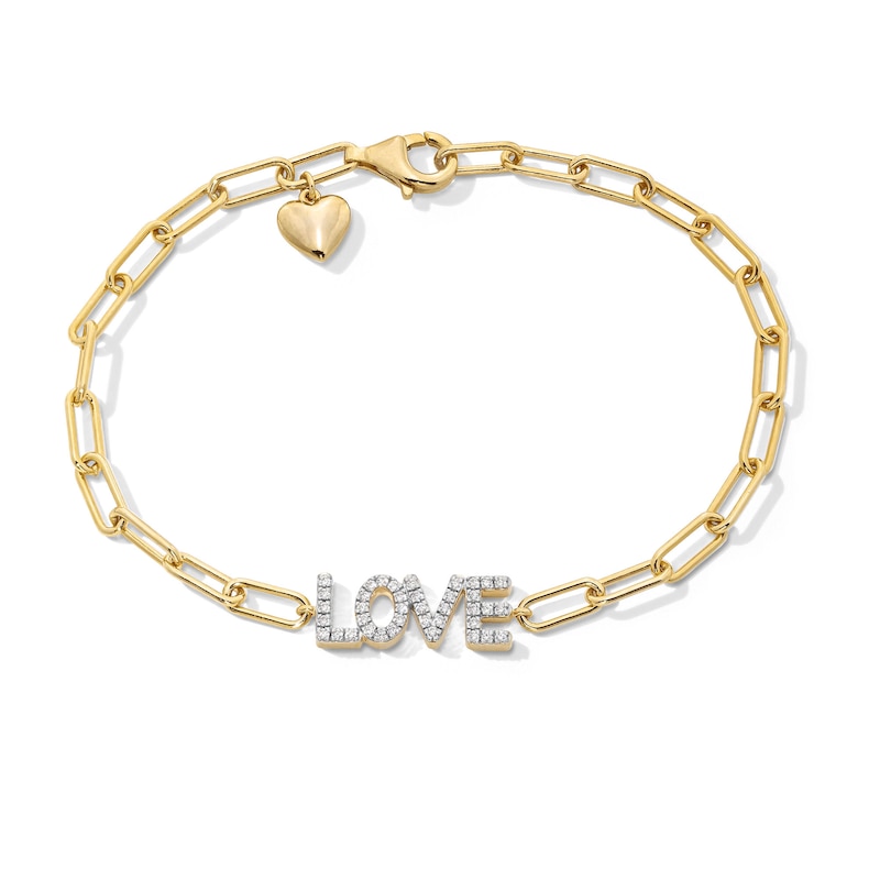 Main Image 1 of 1/4 CT. T.W. Diamond “LOVE” Paper Clip Chain Bracelet in Sterling Silver with 10K Gold Plate - 7.5&quot;