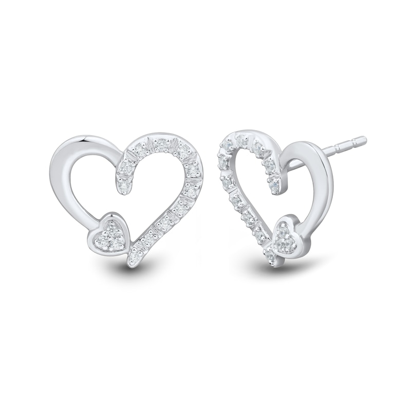 Main Image 1 of 1/10 CT. T.W. Multi-Diamond Heart-on-Heart Stud Earrings in Sterling Silver