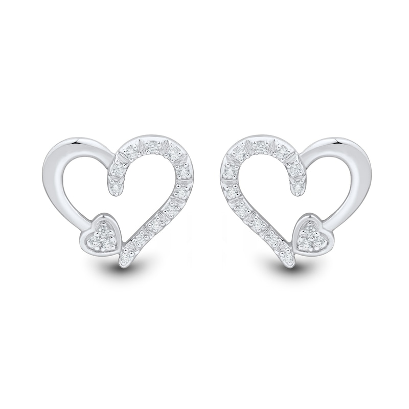 Main Image 2 of 1/10 CT. T.W. Multi-Diamond Heart-on-Heart Stud Earrings in Sterling Silver