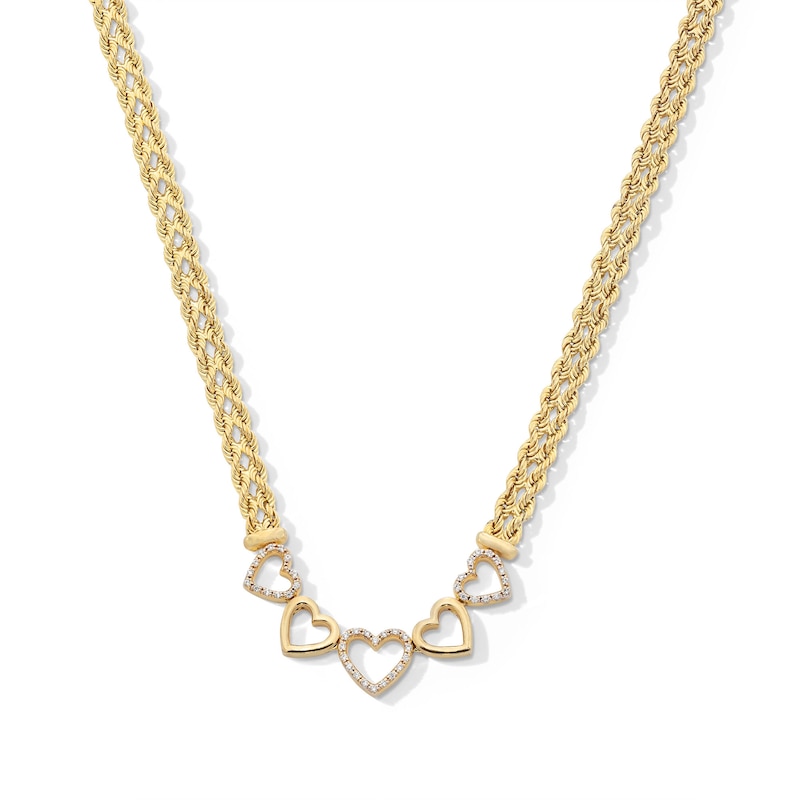 Main Image 1 of 1/10 CT. T.W. Diamond Five Heart Necklace in Sterling Silver with 14K Gold Plate - 17&quot;