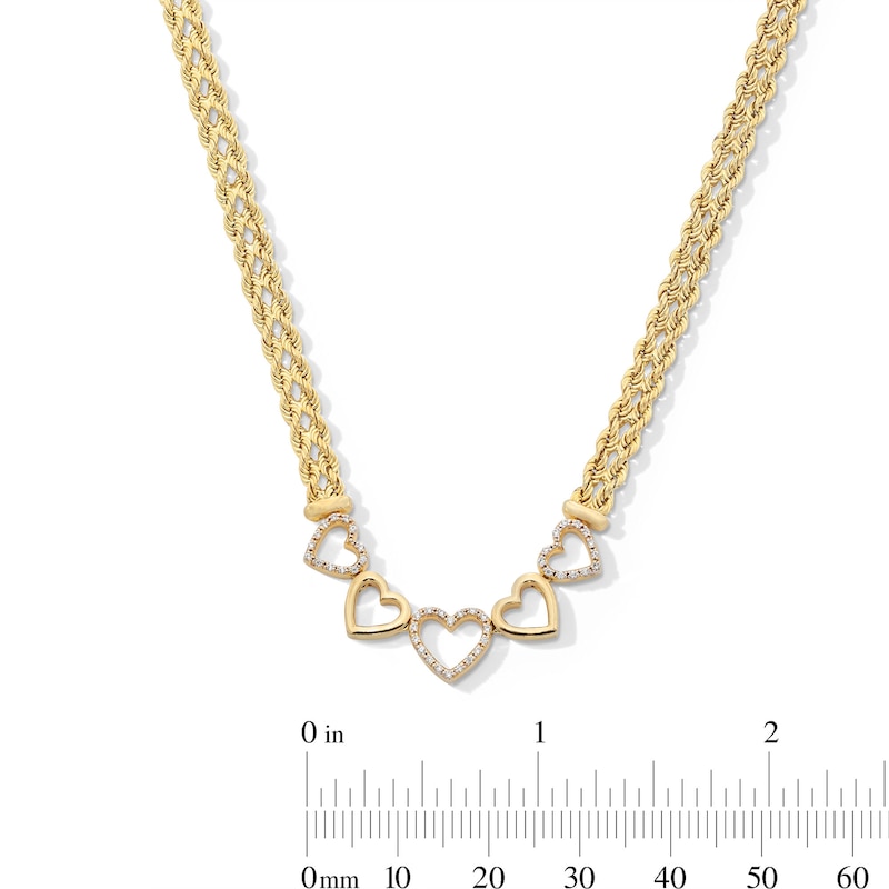 Main Image 4 of 1/10 CT. T.W. Diamond Five Heart Necklace in Sterling Silver with 14K Gold Plate - 17&quot;