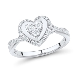 1/10 CT. T.W. Multi-Diamond Frame Crossover Shank Heart Ring in Sterling Silver