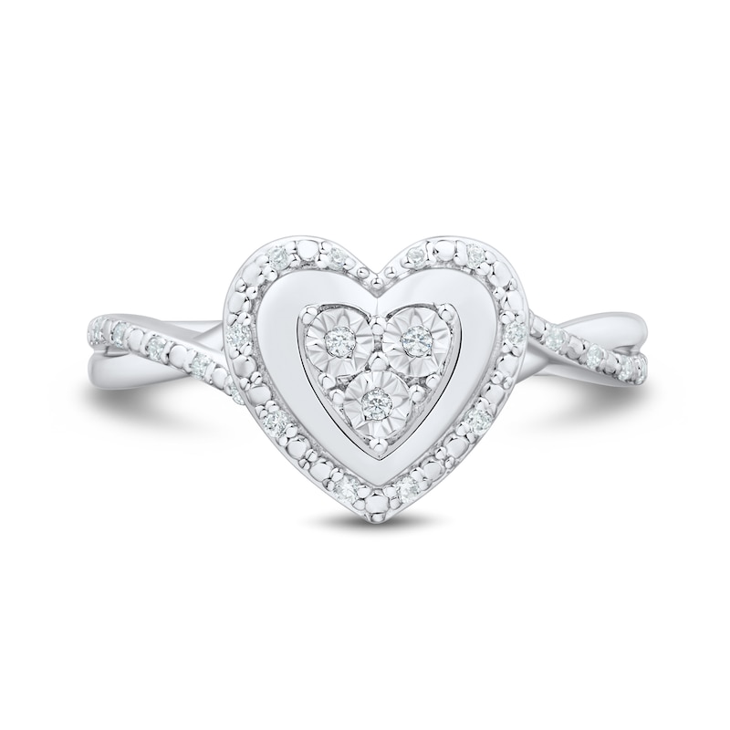 Main Image 3 of 1/10 CT. T.W. Multi-Diamond Frame Crossover Shank Heart Ring in Sterling Silver