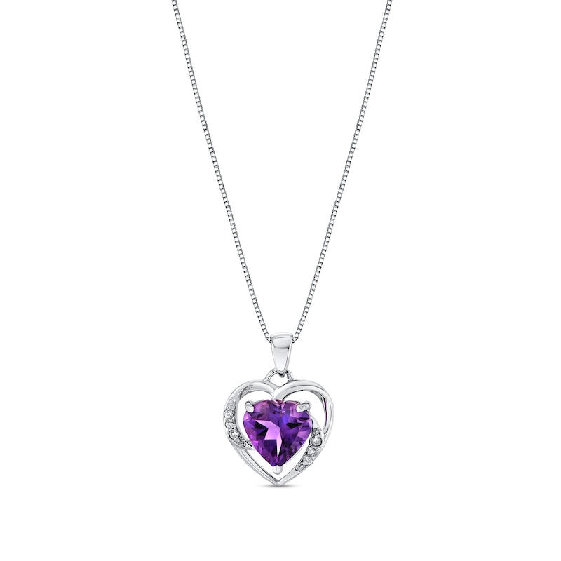 Main Image 1 of 8.0mm Heart-Shaped Amethyst and 1/20 CT. T.W. Diamond Frame Pendant in 14K White Gold