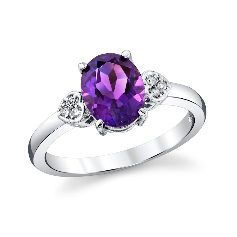 Main Image 1 of Oval Amethyst and 1/20 CT. T.W. Diamond Heart-Sides Ring in 10K White Gold