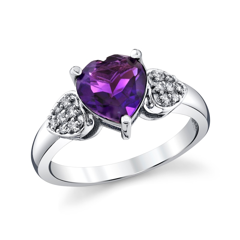 Main Image 1 of 8.0mm Heart-Shaped Amethyst and 1/8 CT. T.W. Diamond Heart-Sides Ring in 10K White Gold