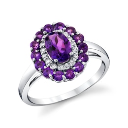 Oval and Round Amethyst with 1/6 CT. T.W. Diamond Double Frame Ring in 10K White Gold