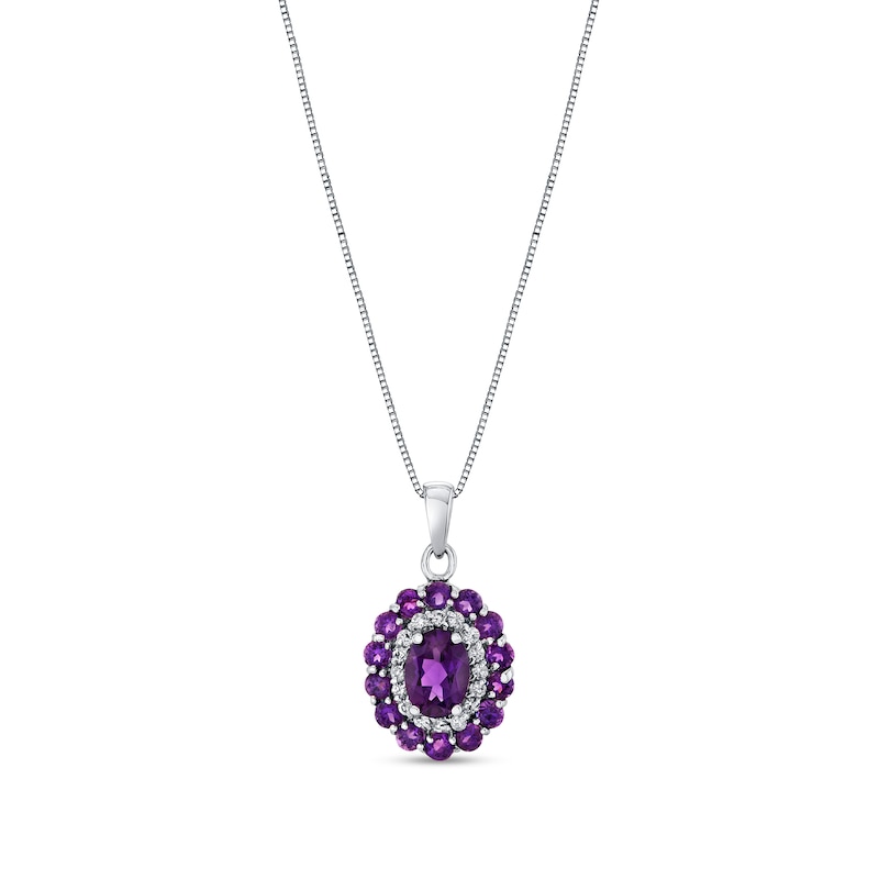 Main Image 1 of Oval and Round Amethyst with 1/6 CT. T.W. Diamond Double Frame Pendant in 10K White Gold