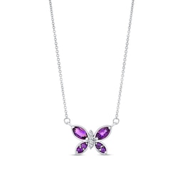 Marquise and Round Amethyst with 1/20 CT. T.W. Diamond Butterfly Necklace in 14K White Gold