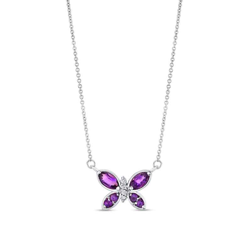 Main Image 1 of Marquise and Round Amethyst with 1/20 CT. T.W. Diamond Butterfly Necklace in 14K White Gold