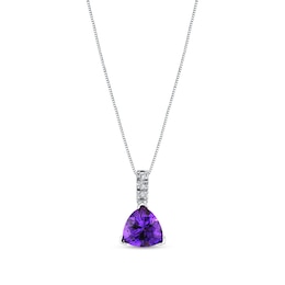 10.0mm Trillion-Cut Amethyst and 1/10 CT. T.W. Diamond Drop Pendant in 14K White Gold