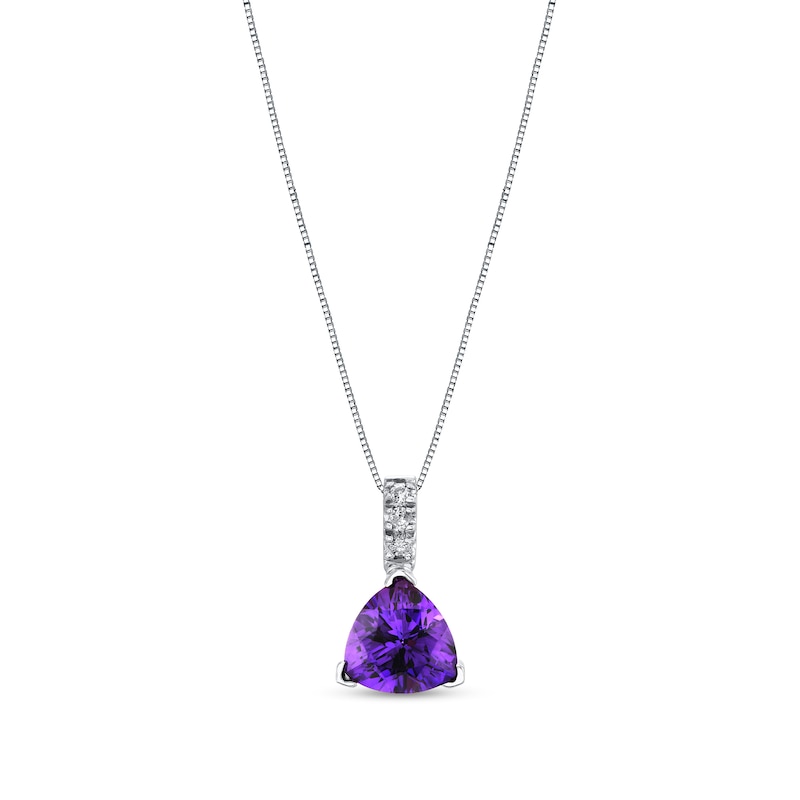 Main Image 1 of 10.0mm Trillion-Cut Amethyst and 1/10 CT. T.W. Diamond Drop Pendant in 14K White Gold