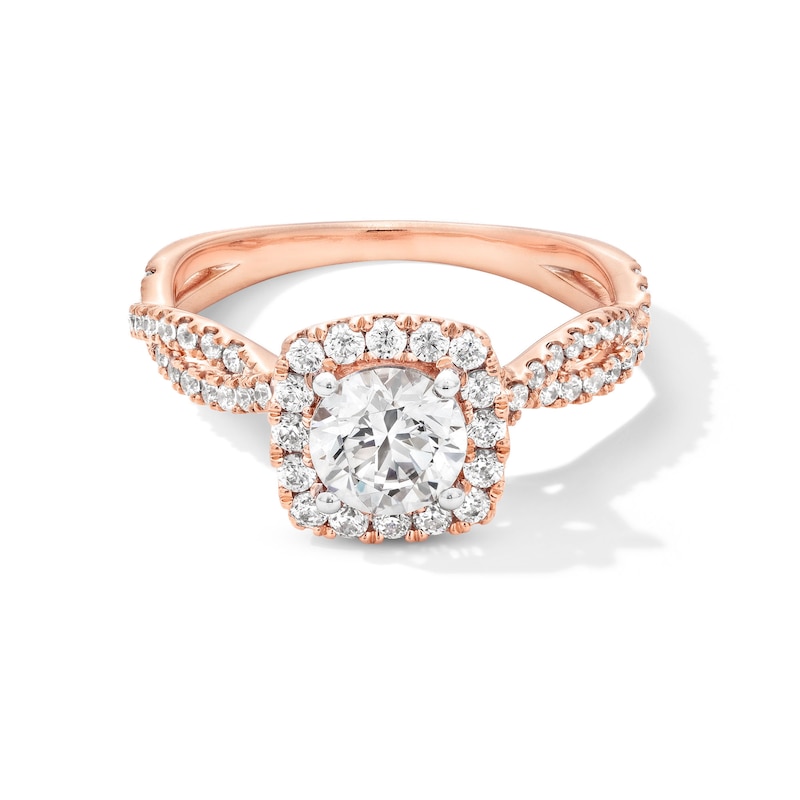 Main Image 1 of 1-1/2 CT. T.W. Certified Lab-Created Diamond Cushion Frame Twist Shank Engagement Ring in 14K Rose Gold (F/SI2)