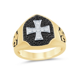 Men’s 3/4 CT. T.W. Black and White Diamond Cross Fleur-de-Lis Ring 10K Gold - Size 10