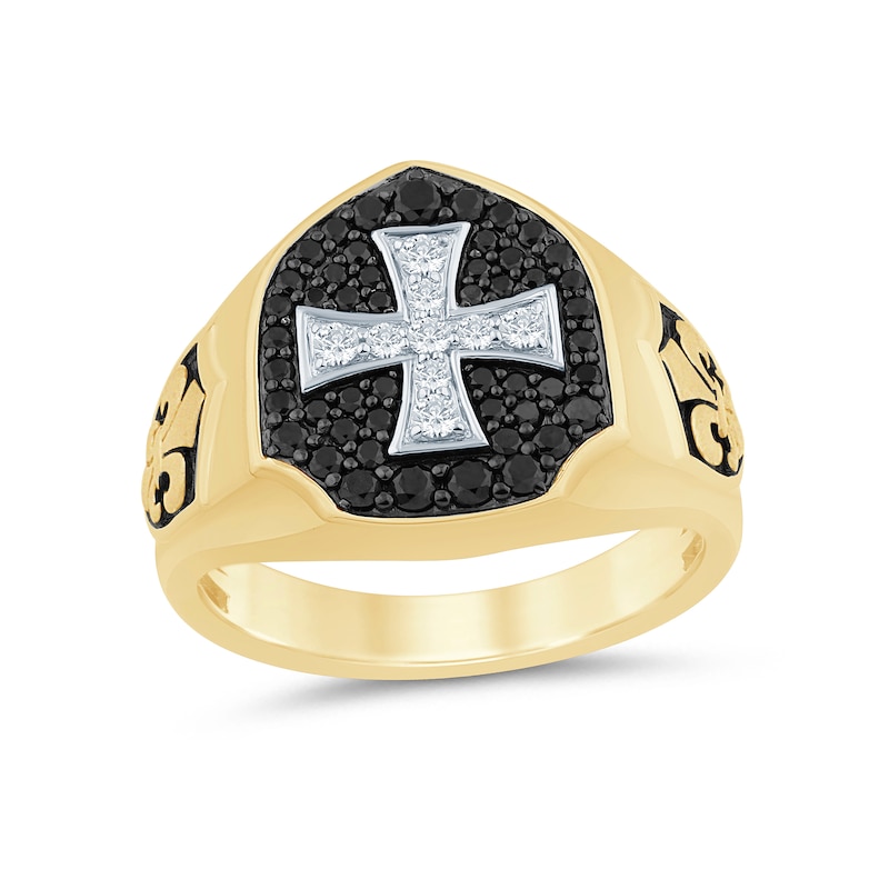 Main Image 1 of Men’s 3/4 CT. T.W. Black and White Diamond Cross Fleur-de-Lis Ring 10K Gold - Size 10