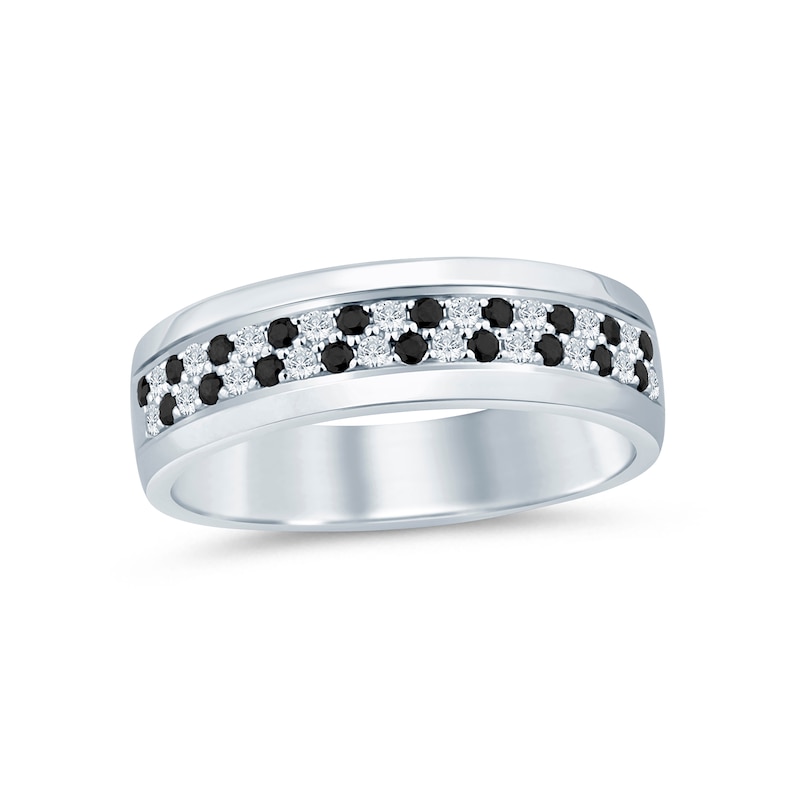 Main Image 1 of Men’s 1/2 CT. T.W. Black and White Diamond Alternating Double Row Band in 10K White Gold - Size 10