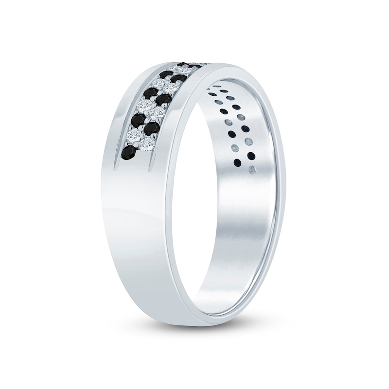 Main Image 2 of Men’s 1/2 CT. T.W. Black and White Diamond Alternating Double Row Band in 10K White Gold - Size 10