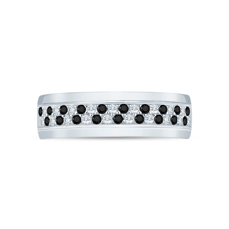 Main Image 4 of Men’s 1/2 CT. T.W. Black and White Diamond Alternating Double Row Band in 10K White Gold - Size 10