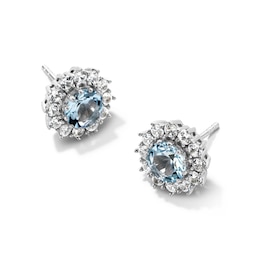 6.0mm Aquamarine and White Lab-Created Sapphire Frame Stud Earrings in Sterling Silver