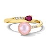 Thumbnail Image 1 of 8.0mm Pink Freshwater Cultured Pearl, Pear-Shaped Ruby and 1/20 CT. T.W. Diamond Open Bypass Ring in 10K Gold