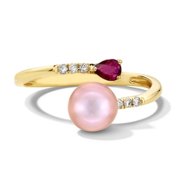 8.0mm Pink Freshwater Cultured Pearl, Pear-Shaped Ruby and 1/20 CT. T.W. Diamond Open Bypass Ring in 10K Gold