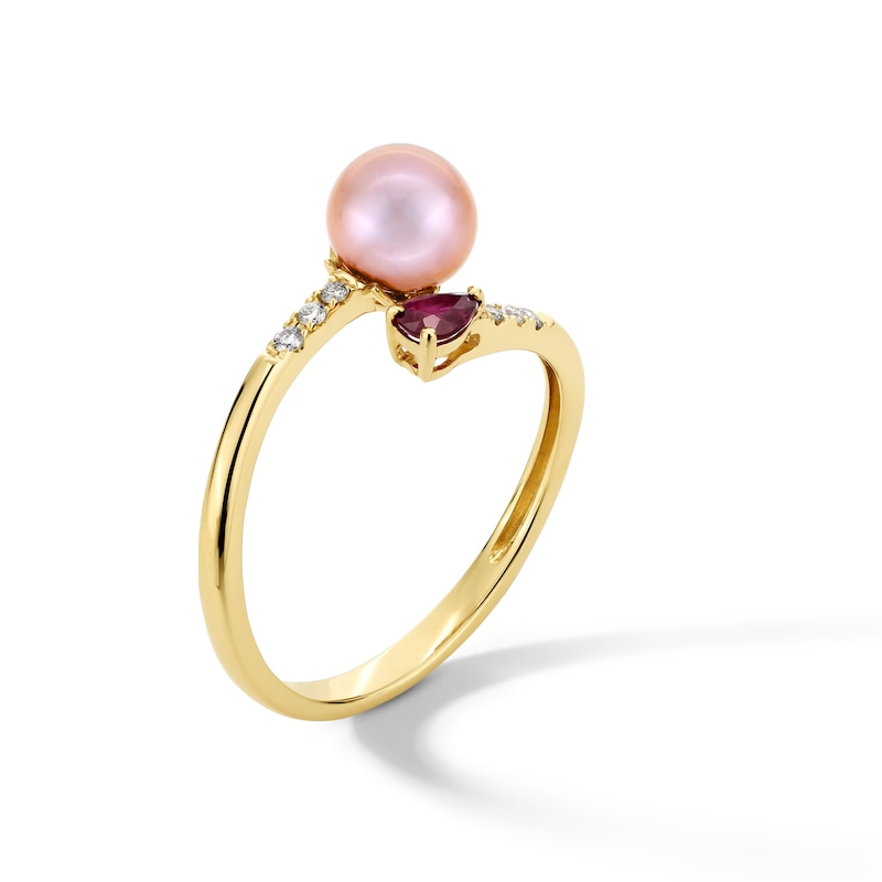 Main Image 2 of 8.0mm Pink Freshwater Cultured Pearl, Pear-Shaped Ruby and 1/20 CT. T.W. Diamond Open Bypass Ring in 10K Gold