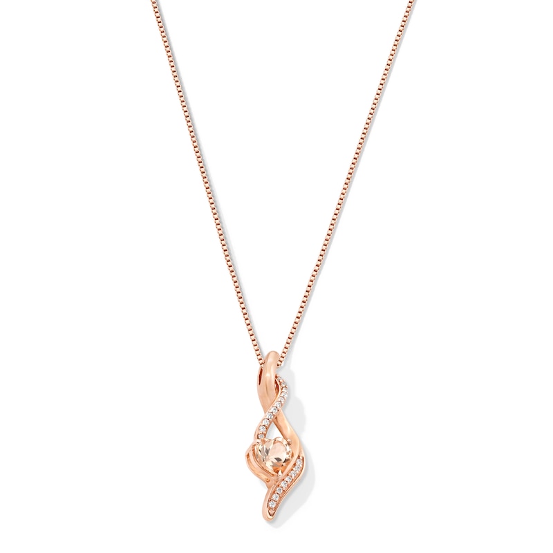 Main Image 1 of 5.0mm Heart-Shaped Morganite and 1/20 CT. T.W. Diamond Twist Drop Pendant in 10K Rose Gold