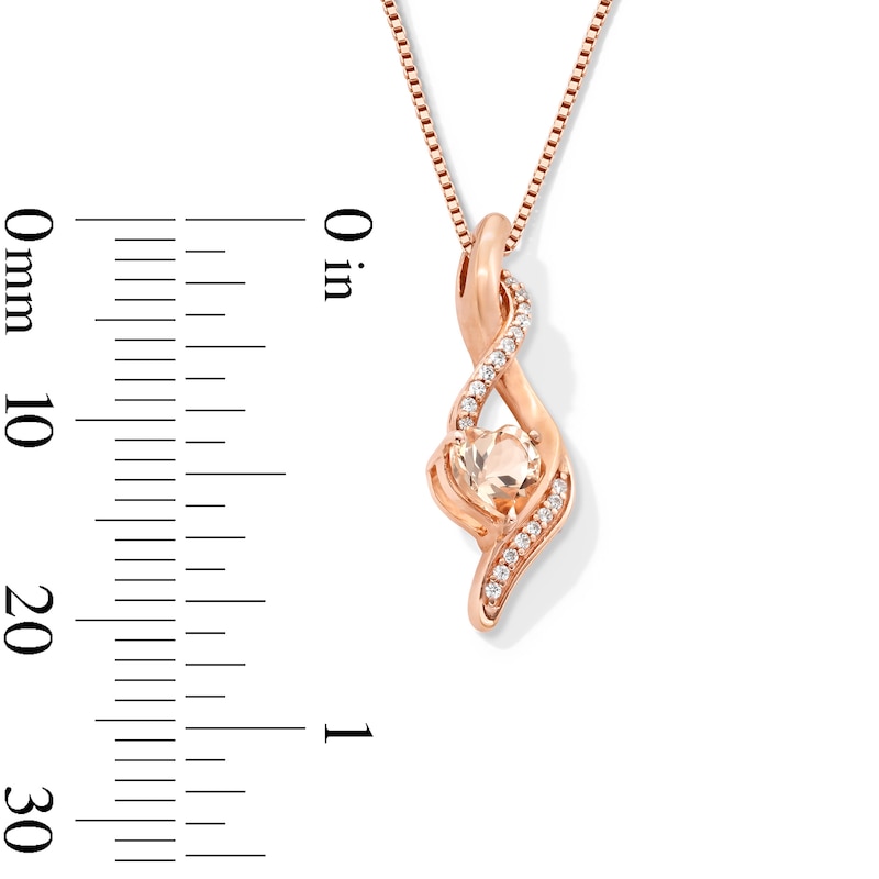 Main Image 2 of 5.0mm Heart-Shaped Morganite and 1/20 CT. T.W. Diamond Twist Drop Pendant in 10K Rose Gold