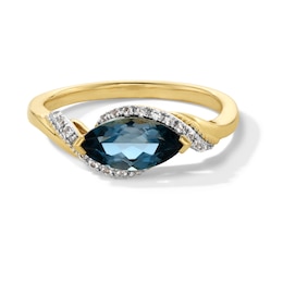 Marquise-Cut London Blue Topaz and White Lab-Created Sapphire Bypass Shank Ring in Sterling Silver with 14K Gold Plate