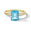 Thumbnail Image 1 of Emerald-Cut Swiss Blue Topaz and 1/10 CT. T.W. Diamond Double Row Shank Ring in 10K Gold