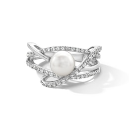 7.5-8.0mm Button Freshwater Cultured Pearl and White Lab-Created Sapphire Orbit Ring in Sterling Silver