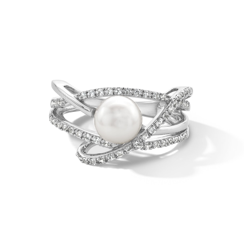 Main Image 1 of 7.5-8.0mm Button Freshwater Cultured Pearl and White Lab-Created Sapphire Orbit Ring in Sterling Silver