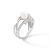 Thumbnail Image 2 of 7.5-8.0mm Button Freshwater Cultured Pearl and White Lab-Created Sapphire Orbit Ring in Sterling Silver