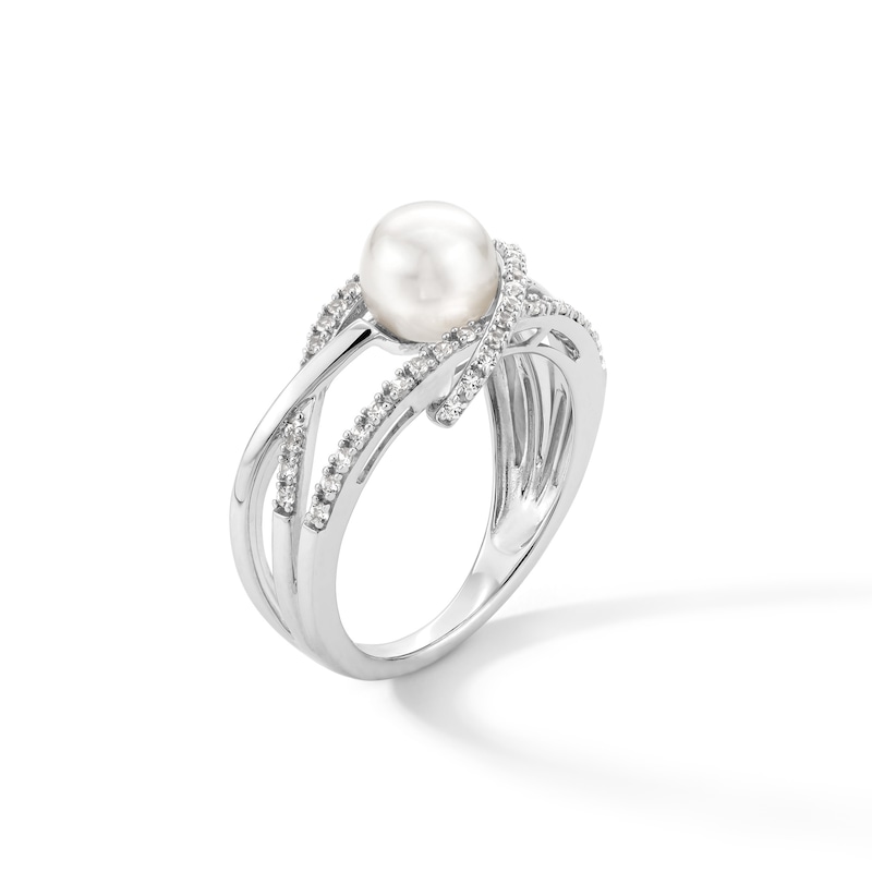 Main Image 2 of 7.5-8.0mm Button Freshwater Cultured Pearl and White Lab-Created Sapphire Orbit Ring in Sterling Silver