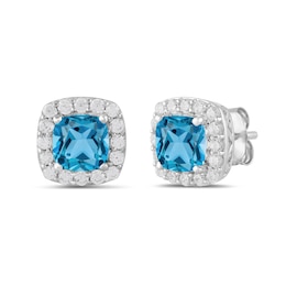 Cushion-Cut Swiss Blue Topaz and 1/2 CT. T.W. Certified Lab-Created Diamond Frame Stud Earrings in 14K White Gold