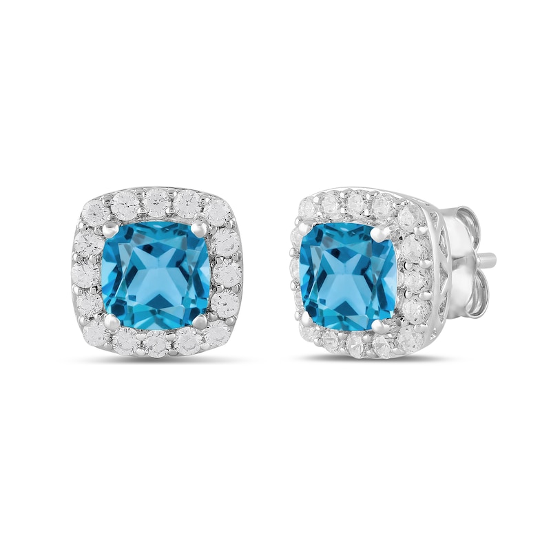 Main Image 1 of Cushion-Cut Swiss Blue Topaz and 1/2 CT. T.W. Certified Lab-Created Diamond Frame Stud Earrings in 14K White Gold