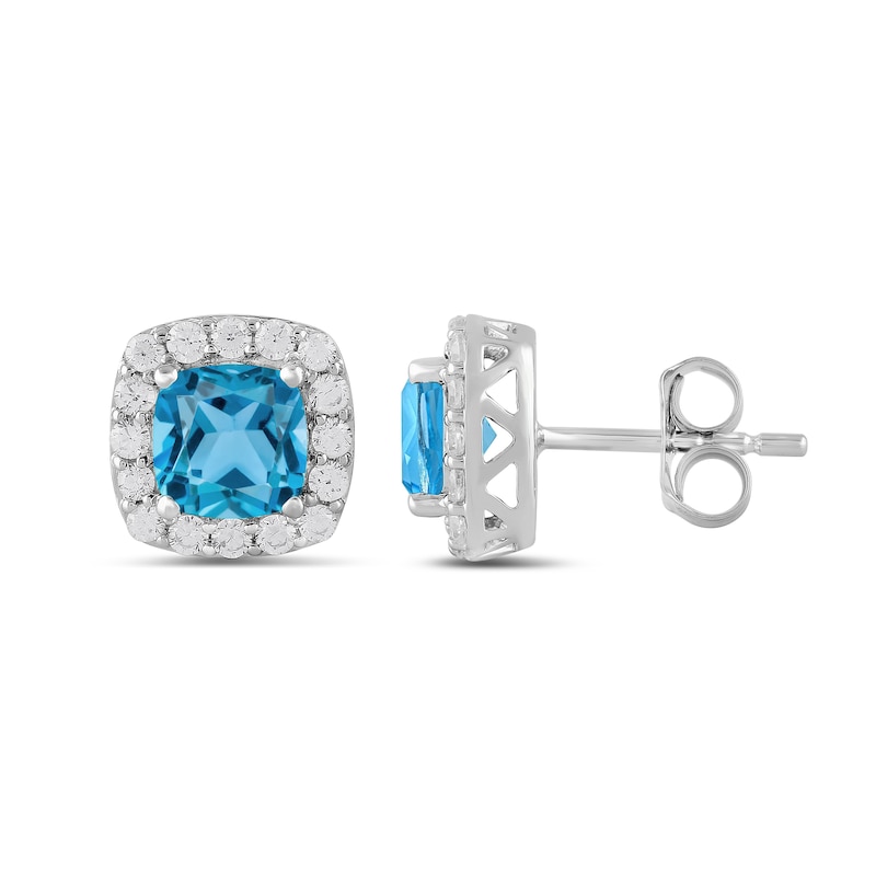 Main Image 2 of Cushion-Cut Swiss Blue Topaz and 1/2 CT. T.W. Certified Lab-Created Diamond Frame Stud Earrings in 14K White Gold