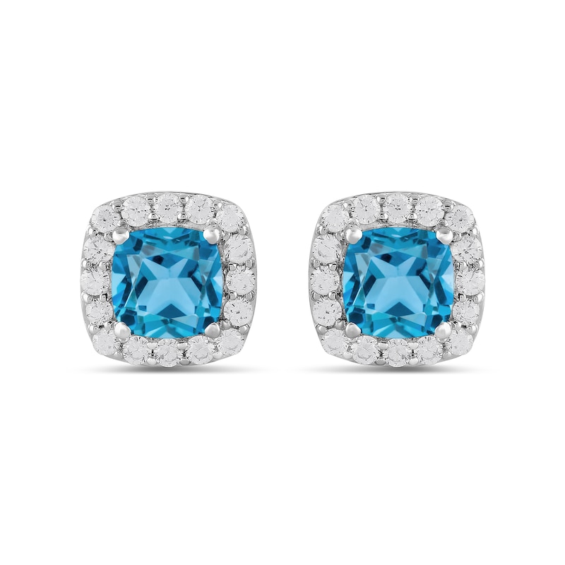 Main Image 3 of Cushion-Cut Swiss Blue Topaz and 1/2 CT. T.W. Certified Lab-Created Diamond Frame Stud Earrings in 14K White Gold