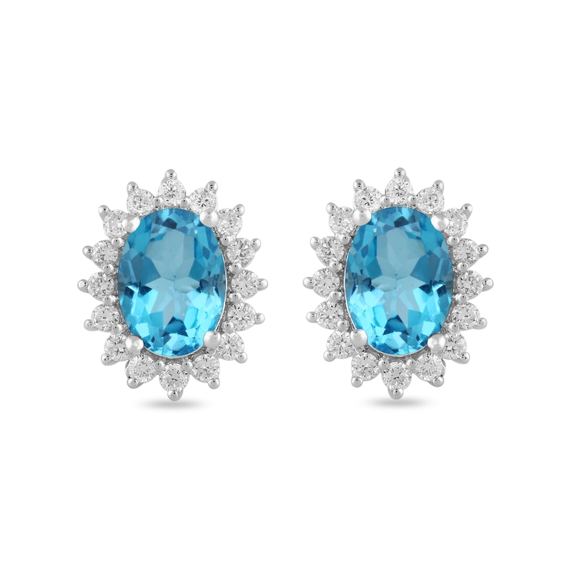 Main Image 3 of Oval Swiss Blue Topaz and 1/3 CT. T.W. Certified Lab-Created Diamond Sunburst Frame Stud Earrings in 14K White Gold