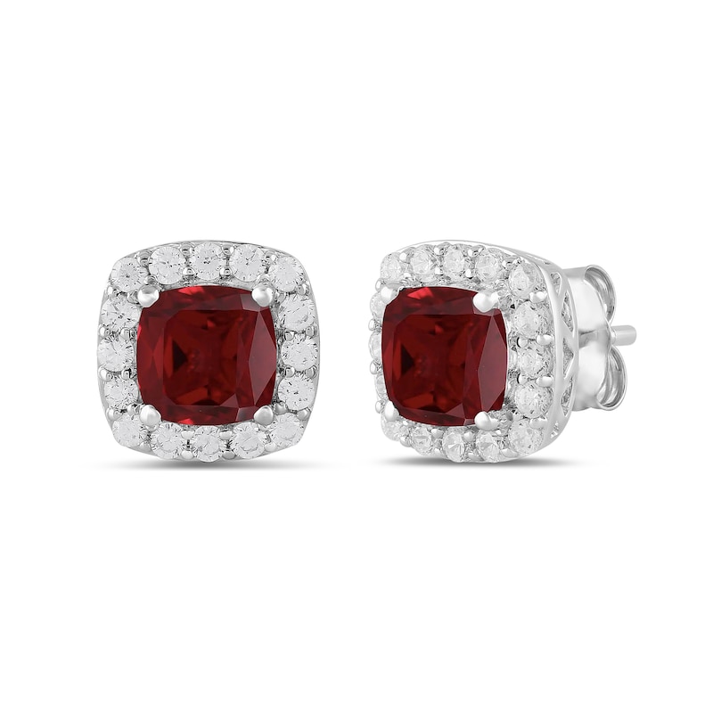 Main Image 1 of Cushion-Cut Lab-Created Ruby and 1/2 CT. T.W. Certified Lab-Created Diamond Frame Stud Earrings in 14K White Gold