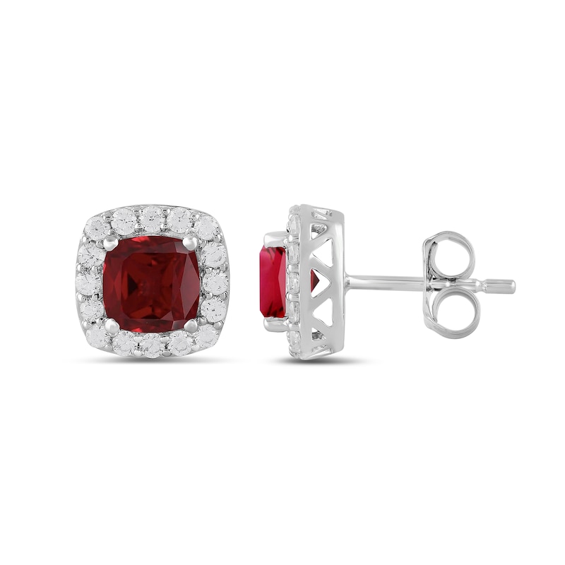 Main Image 2 of Cushion-Cut Lab-Created Ruby and 1/2 CT. T.W. Certified Lab-Created Diamond Frame Stud Earrings in 14K White Gold