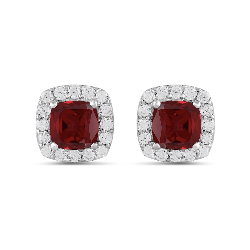 Main Image 3 of Cushion-Cut Lab-Created Ruby and 1/2 CT. T.W. Certified Lab-Created Diamond Frame Stud Earrings in 14K White Gold