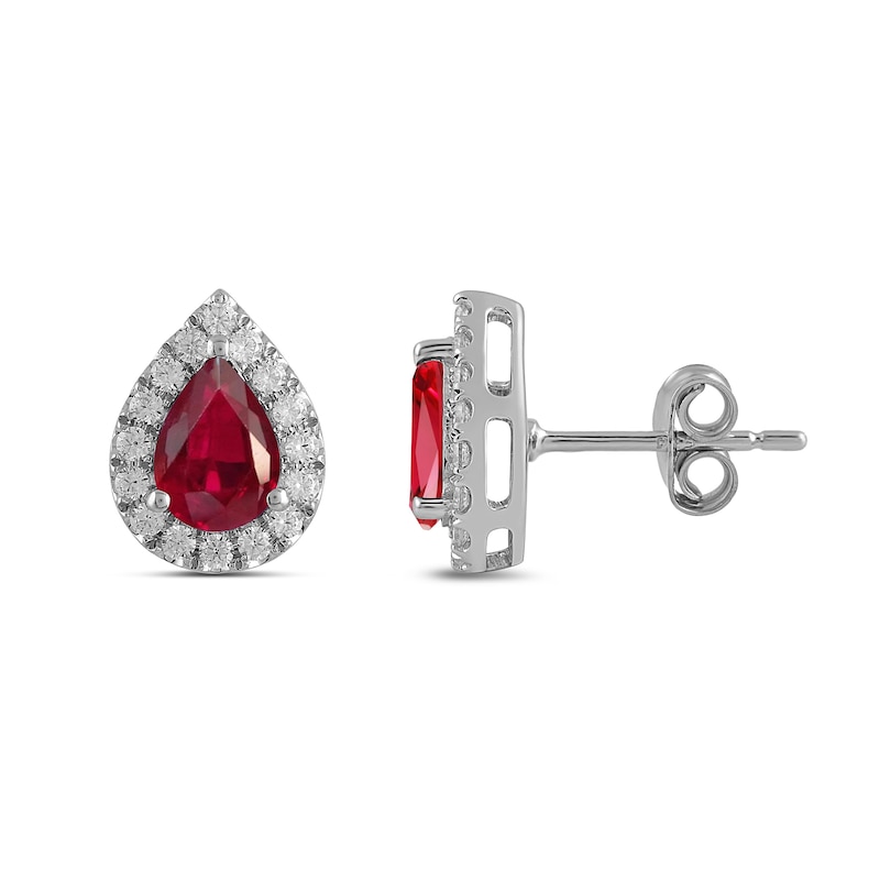 Main Image 2 of Pear-Shaped Lab-Created Ruby and 3/8 CT. T.W. Certified Lab-Created Diamond Frame Stud Earrings in 14K White Gold