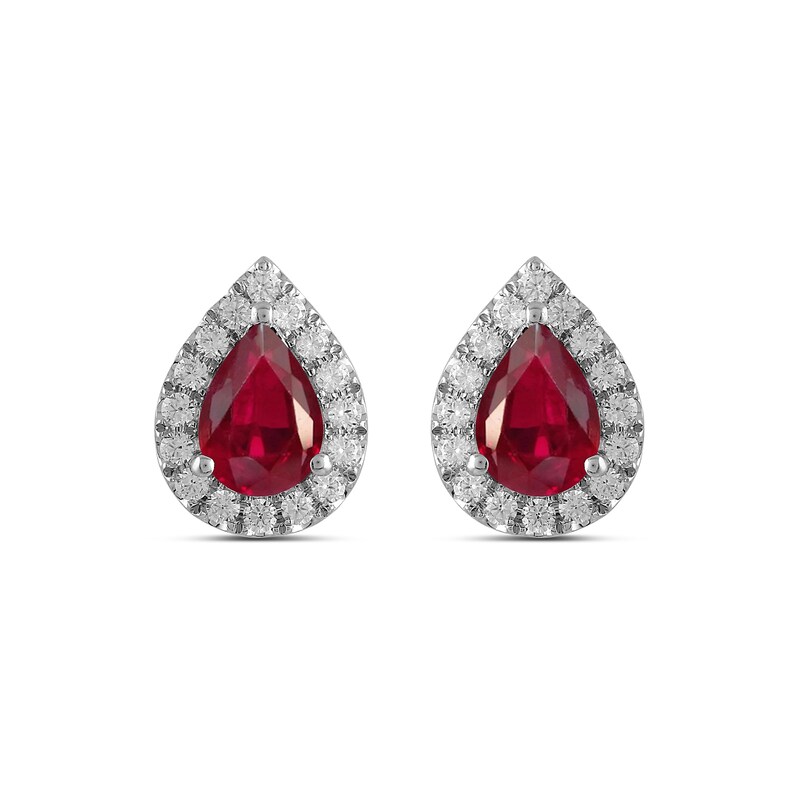 Main Image 3 of Pear-Shaped Lab-Created Ruby and 3/8 CT. T.W. Certified Lab-Created Diamond Frame Stud Earrings in 14K White Gold