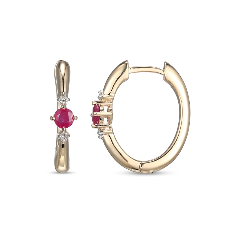 Main Image 1 of Certified Ruby and Diamond Accent Three Stone Hoop Earrings in 10K Gold