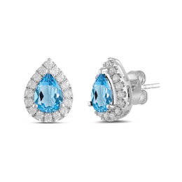 Pear-Shaped Swiss Blue Topaz and 3/8 CT. T.W. Certified Lab-Created Diamond Frame Stud Earrings in 14K White Gold