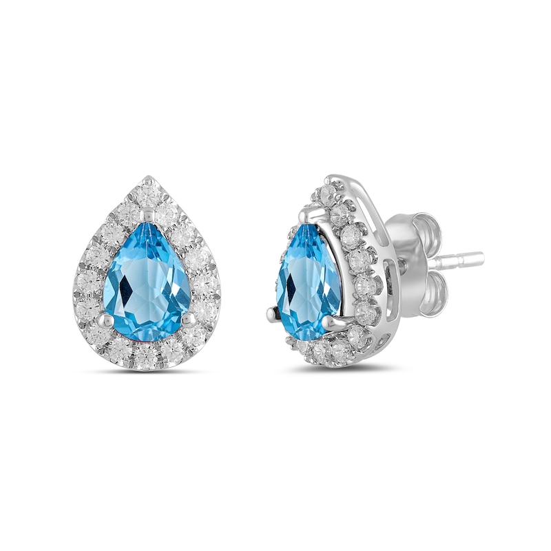 Main Image 1 of Pear-Shaped Swiss Blue Topaz and 3/8 CT. T.W. Certified Lab-Created Diamond Frame Stud Earrings in 14K White Gold