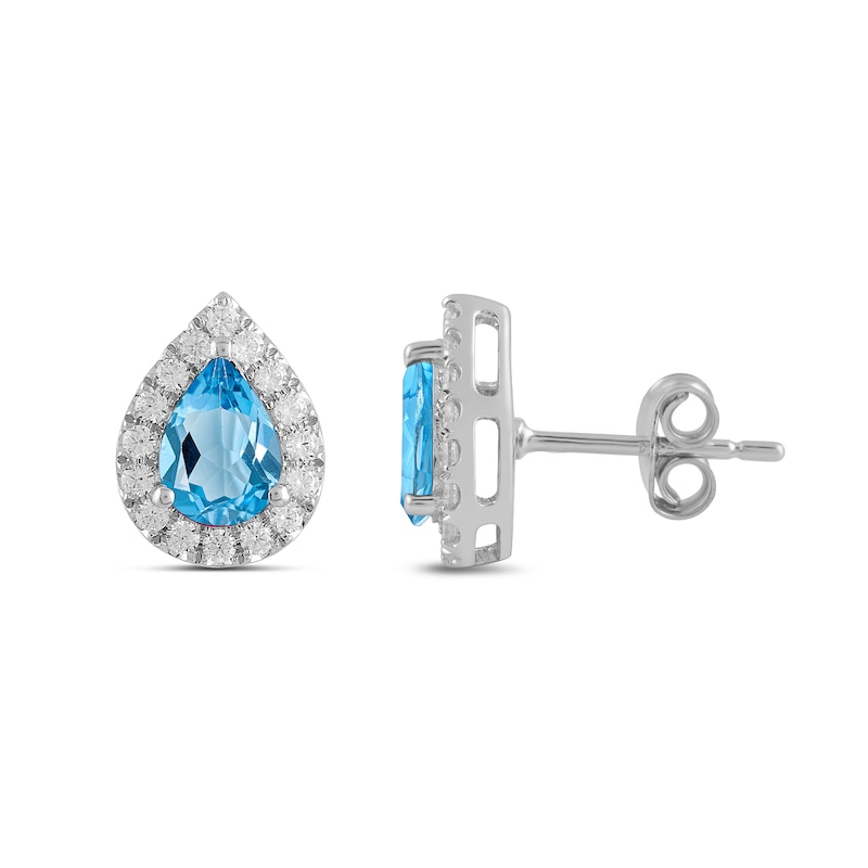 Main Image 2 of Pear-Shaped Swiss Blue Topaz and 3/8 CT. T.W. Certified Lab-Created Diamond Frame Stud Earrings in 14K White Gold