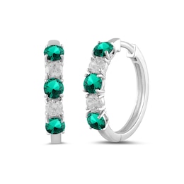 Lab-Created Emerald and 1/2 CT. T.W. Certified Lab-Created Diamond Alternating Hoop Earrings in 14K White Gold (F/SI2)